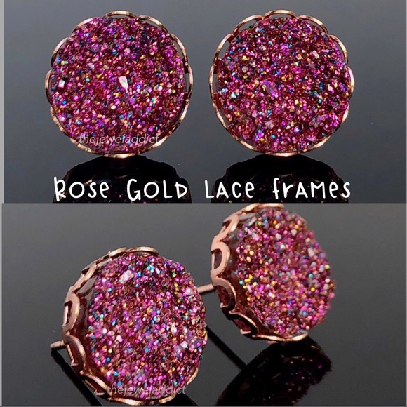 3 for 15🎀magenta glitter faux Druzy silver studs - Picture 8 of 14